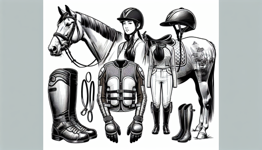 Illustrate a collection of essential safety gear required for a safe horse ride. This should include a detailed depiction of a riding helmet with chin strap, body protector, and gloves. Additionally, 