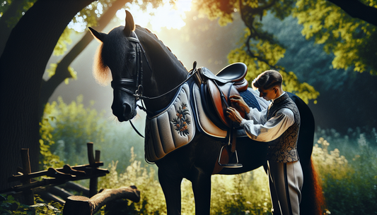 An image portraying the enhancement of horse comfort through the use of shock-absorbing saddle pads. The scene showcases a black horse with a rider preparing to mount. The horse's saddle features a vi