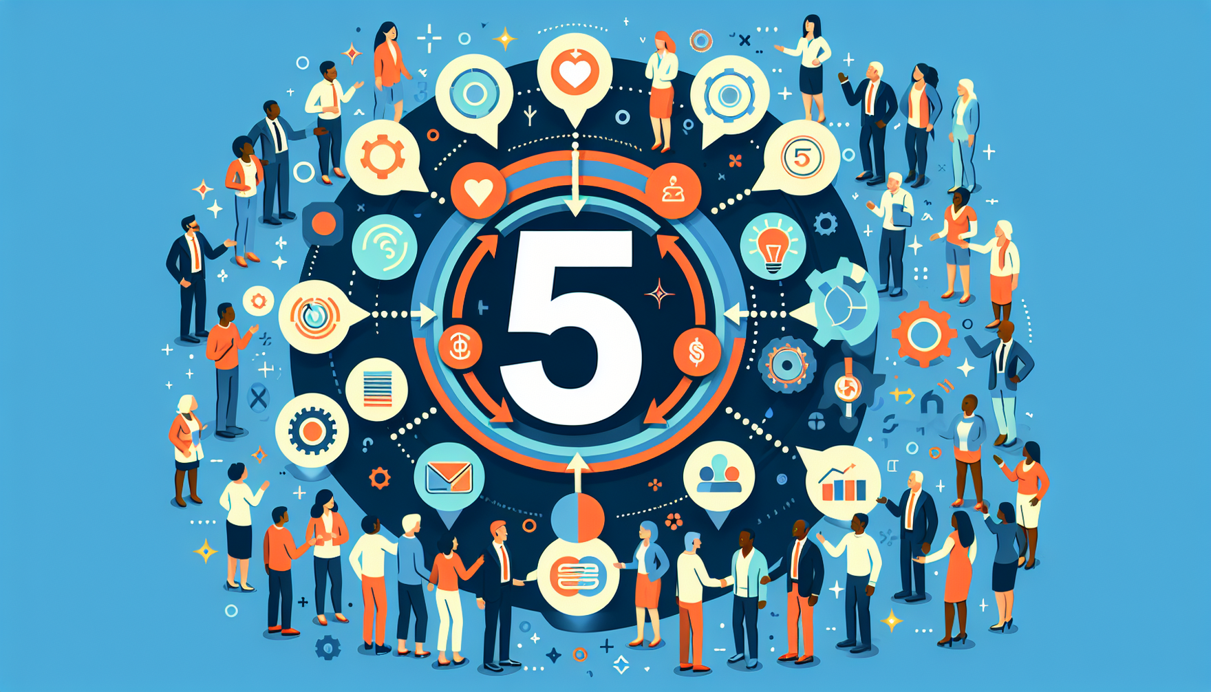 An image representing 5 essential tips for building strong customer connections. This image should feature a large '5' at the center, with arrows pointing to five distinct elements, symbolizing essent