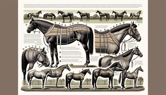 A detailed illustration of selecting the perfect girth for a horse's body shape. The image features a variety of horse breeds illustrated in a field, their bodies marked with measuring tapes to indica
