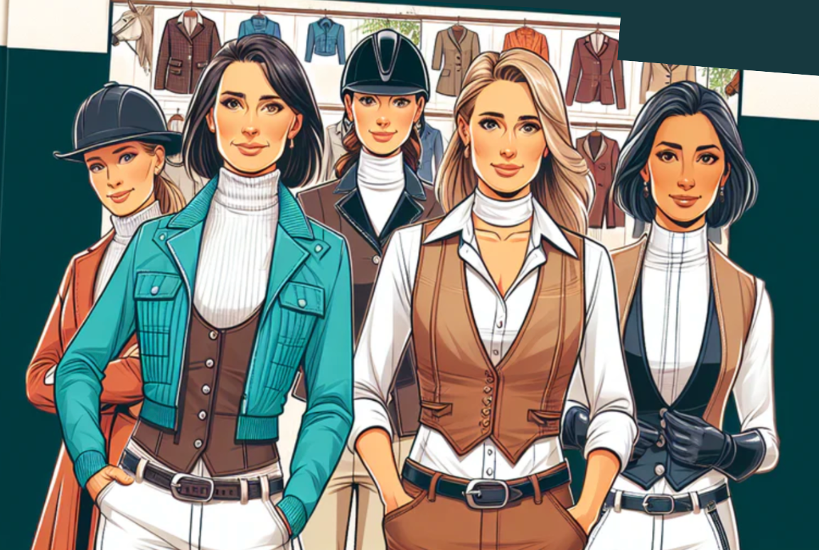 women aged between 30 and 55, titled 'Discover Your Ideal Equestrian Attire'. The cover should include varied equestrian outfits suitable for different types of 