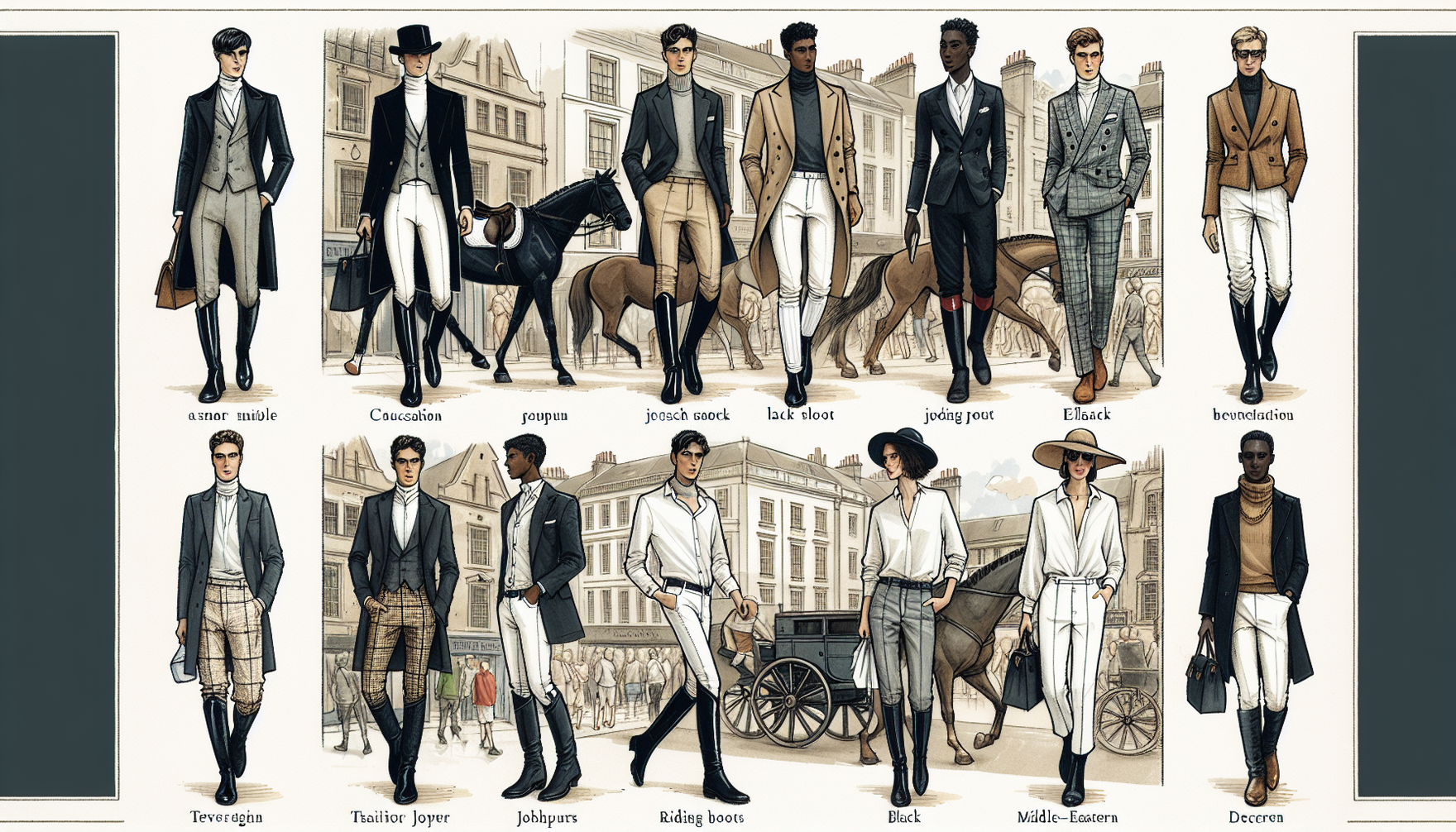 An illustrated interpretation of how equestrian style permeates everyday fashion. Visualize an array of modern outfits inspired by traditional equestrian attire, depicting stylish individuals on a cit