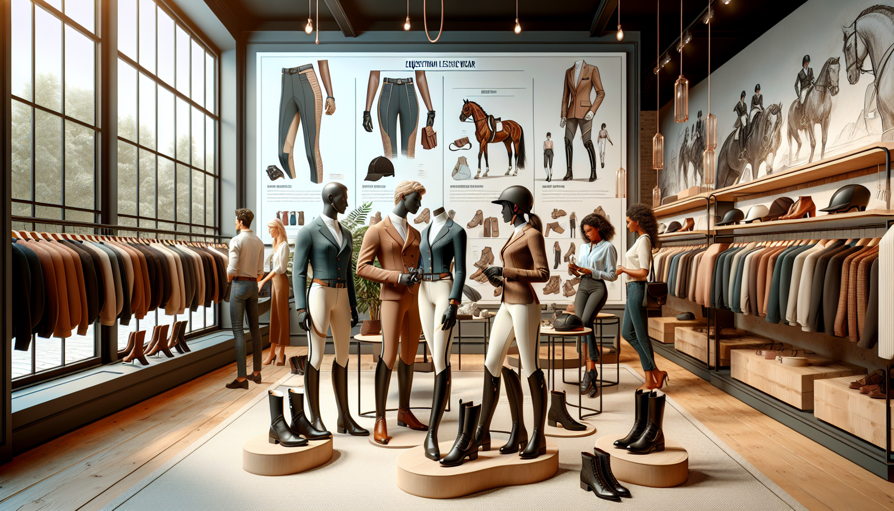 Imagine a sophisticated scene of equestrian leisure wear. From boots to breeches, from helmets to gloves all showcasing a harmonious blend of comfort and style. Picture a variety of outfits put togeth