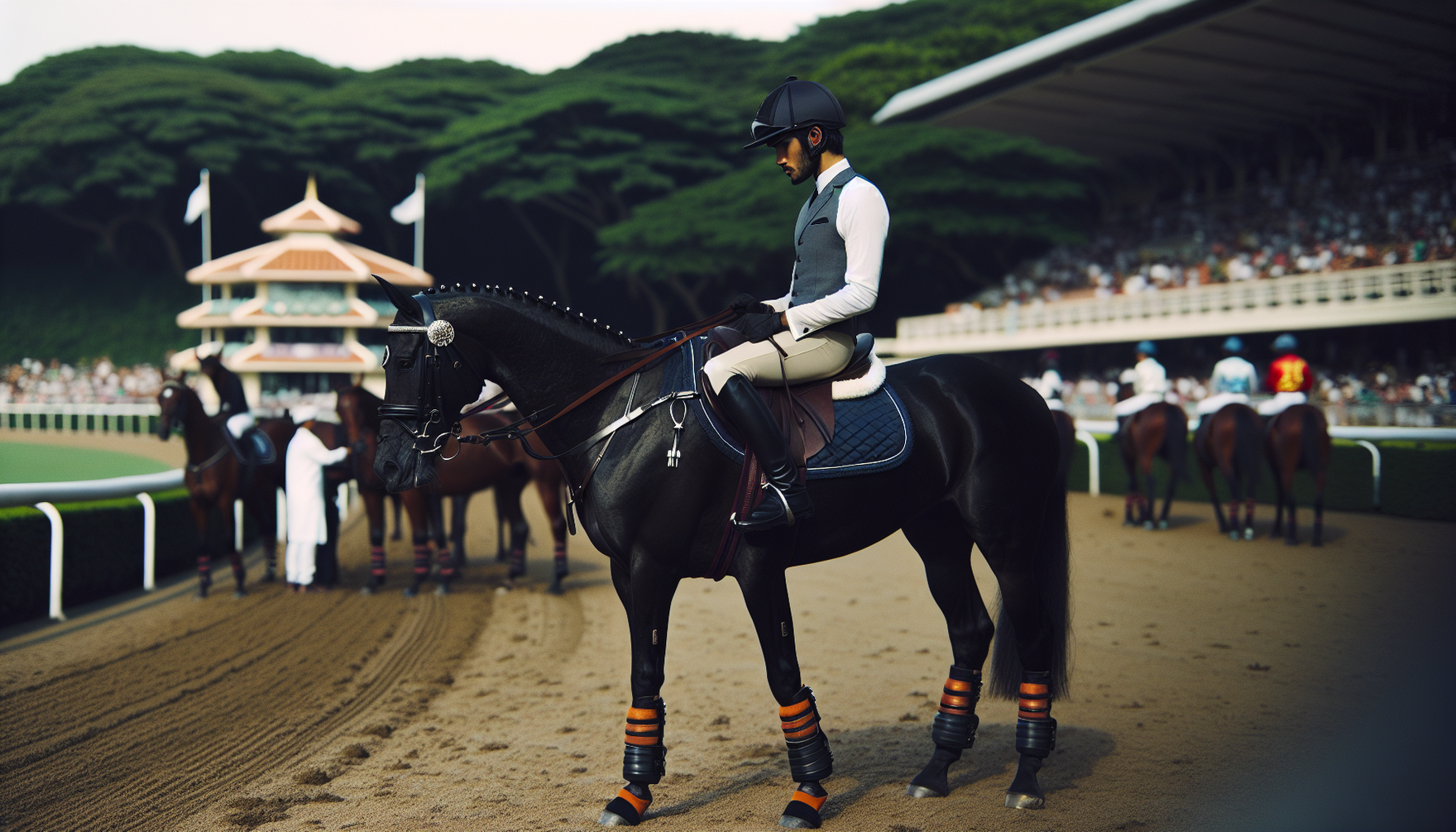 An image showcasing a scene from a horse race track. The focus is on a South Asian male rider, elegantly dressed in well-coordinated equestrian attire, from a riding helmet to boots. He is seen prepar