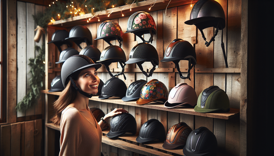 A captivating image showcasing a large array of horse riding helmets, each exquisitely designed and unique to reflect different personalities. Displayed on rustic-style wooden shelves against a softly