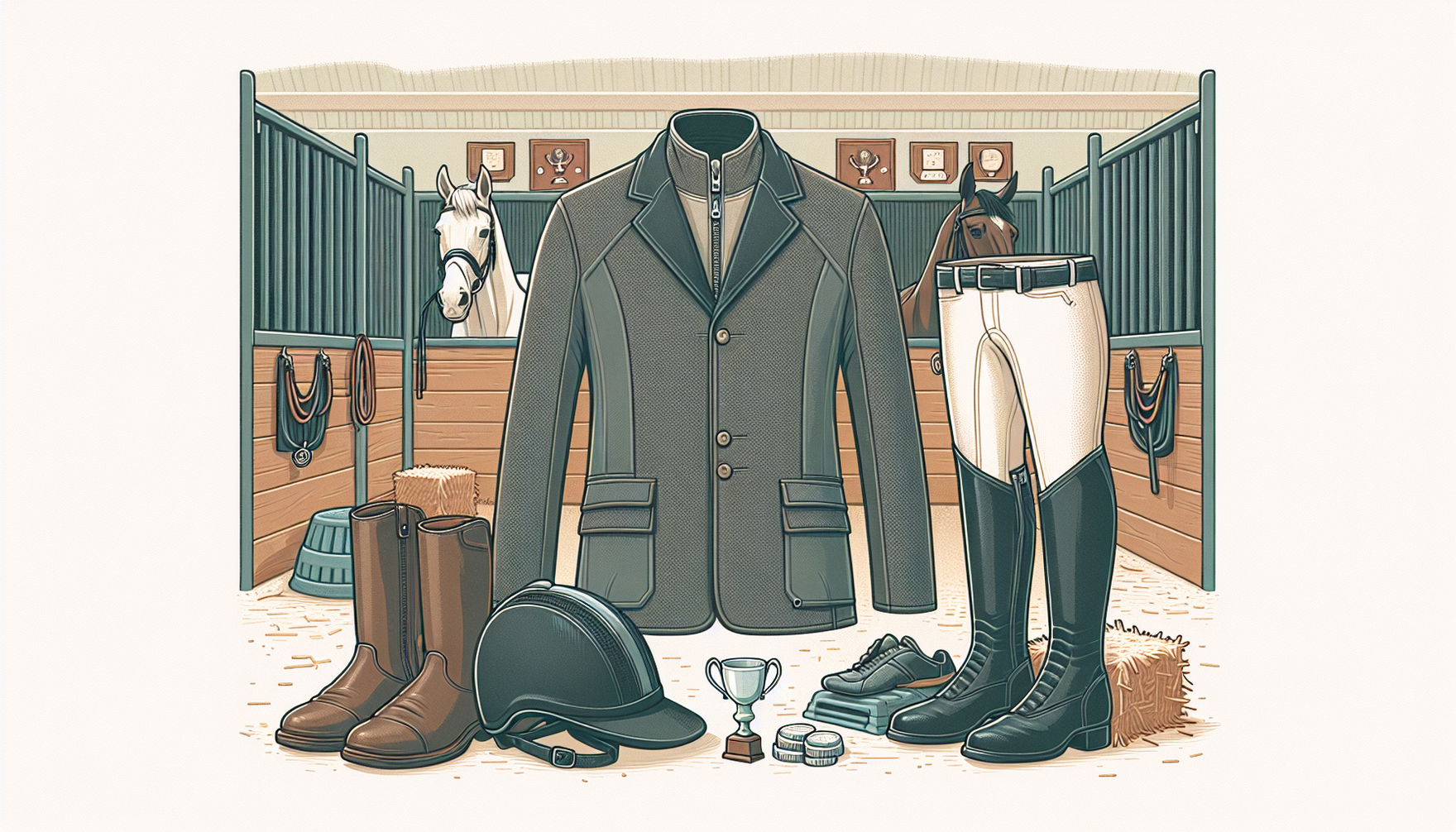 Illustration of essential jumping gear for equestrian competitions. It features a helmet, a protective riding jacket, riding boots, and jodhpurs, all set out ready for use. The background is a stable 