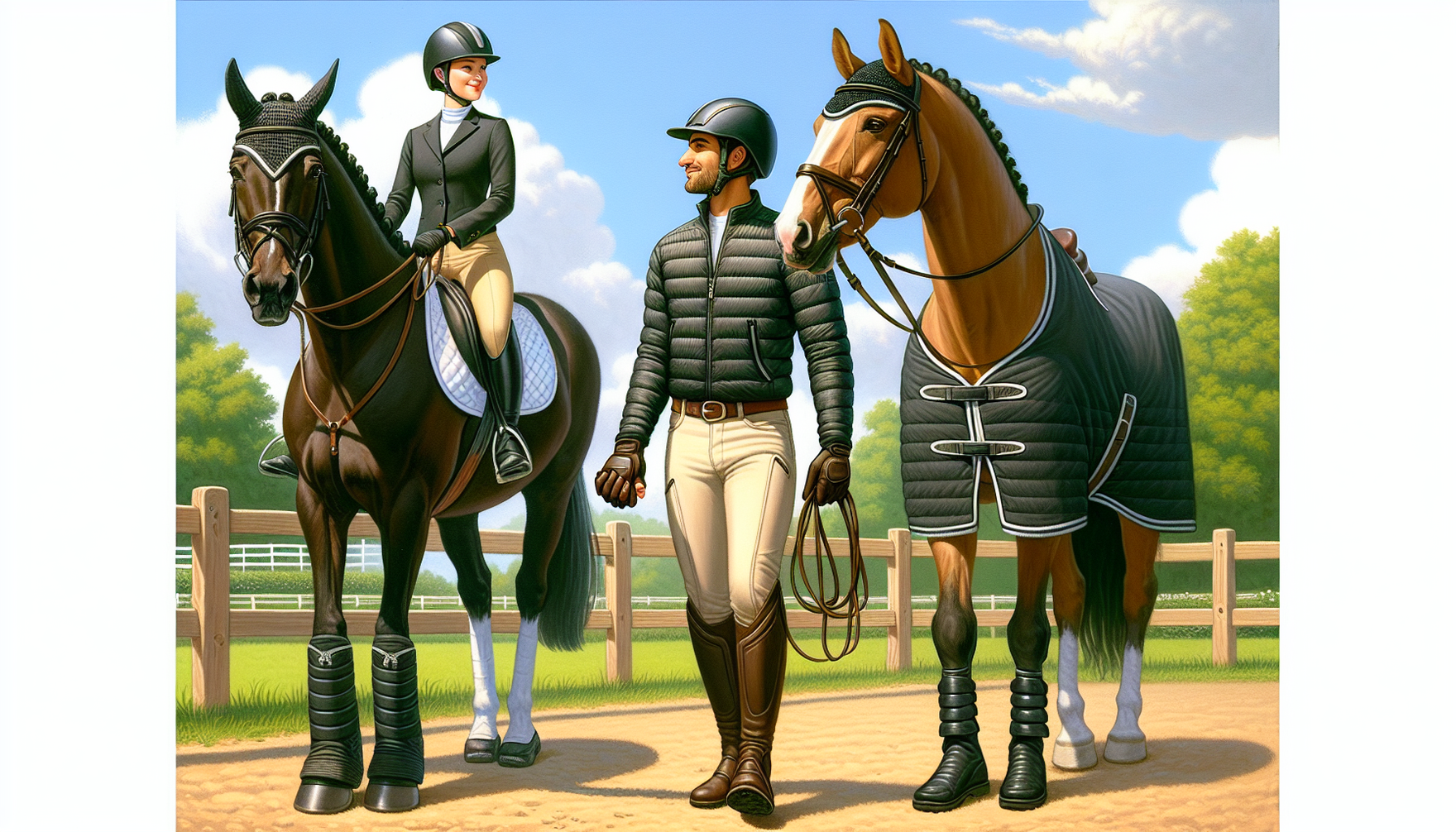A visual representation that conveys the importance of comfort in equestrian apparel. Picture a scene with two riders, one male and one female. The male rider is of Middle-Eastern descent while the fe