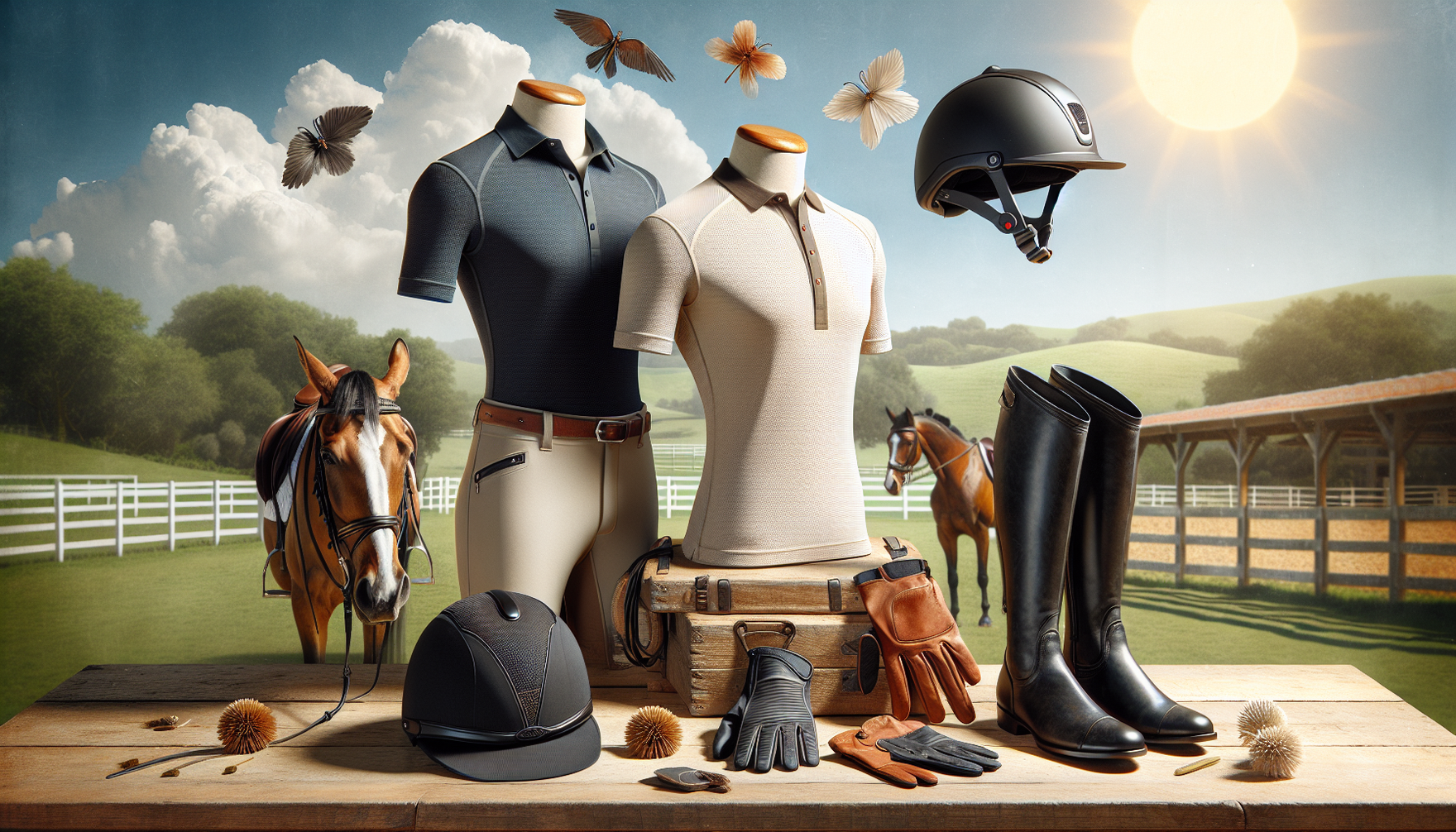 A visual depiction showcasing top equestrian apparel appropriate for warm weather ridden. The display incorporates a lightweight, breathable riding shirt paired with breeches. Accessories like a durab