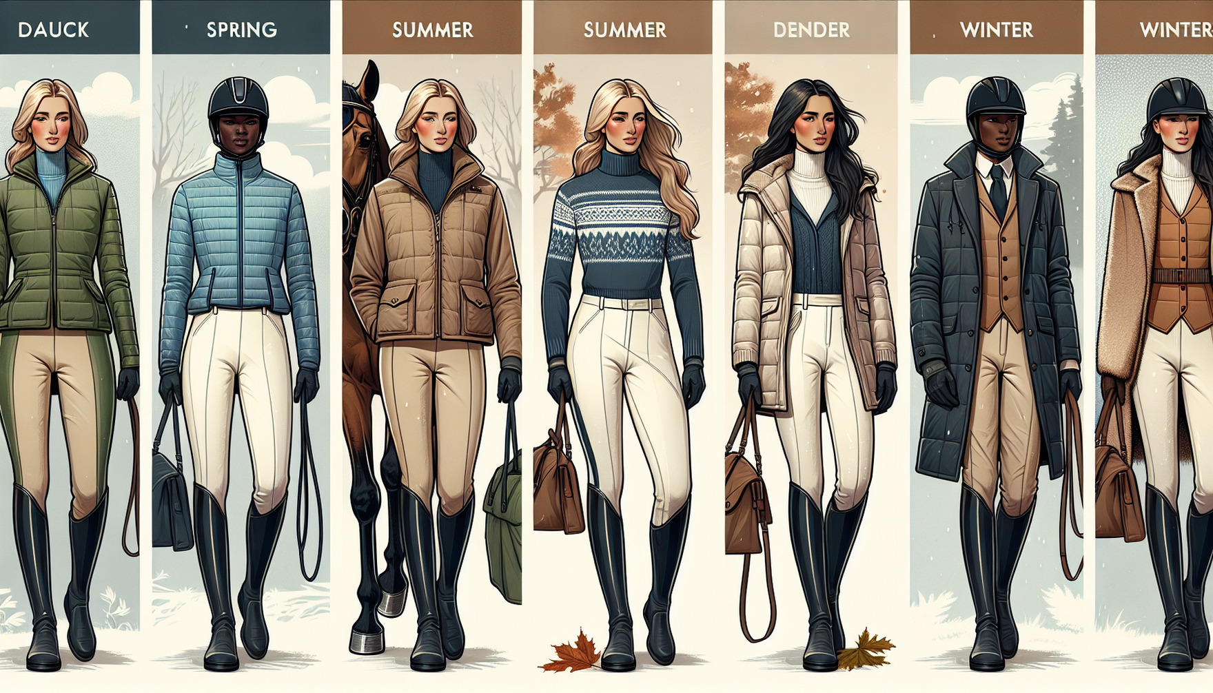 Depict a conceptual fashion spread titled 'Dress to Ride: Seasonal Equestrian Fashion for Every Climate'. Show four different scenes, each representing a different season and a climate appropriate out