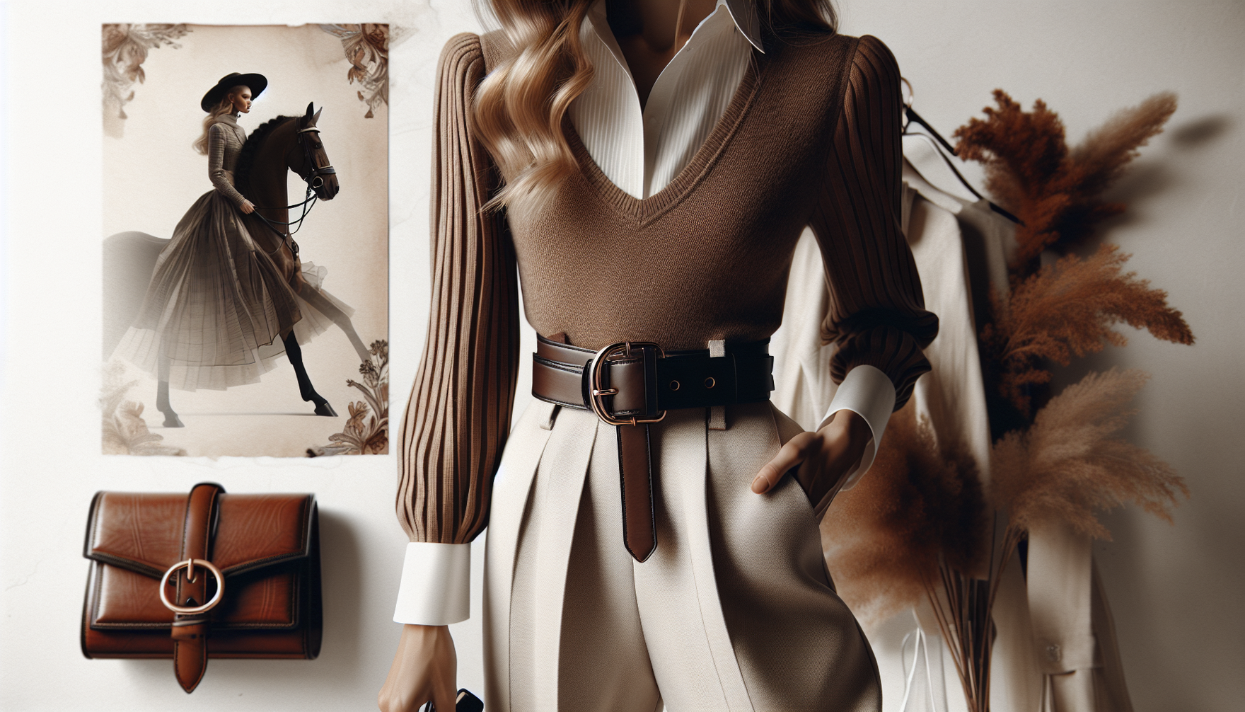 A fashionable scene detailing the use of equestrian belts to style an outfit for a chic finish. The image focuses on an outfit in autumn tones, styled with a sleek, broad, leather equestrian belt of a