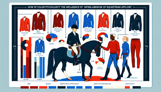 An informative image explaining the influence of color psychology in equestrian apparel. This could be depicted as a chart or infographic that shows different horse-riding attires in various colors an