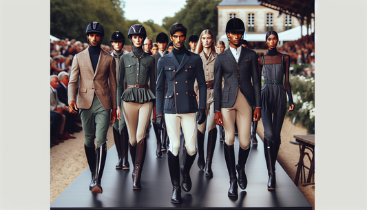 Showcase of an exclusive fashion collection at an equestrian event. The scene shows a runway set outdoors with models presenting stylish riding attire. Each outfit is carefully tailored and designed f