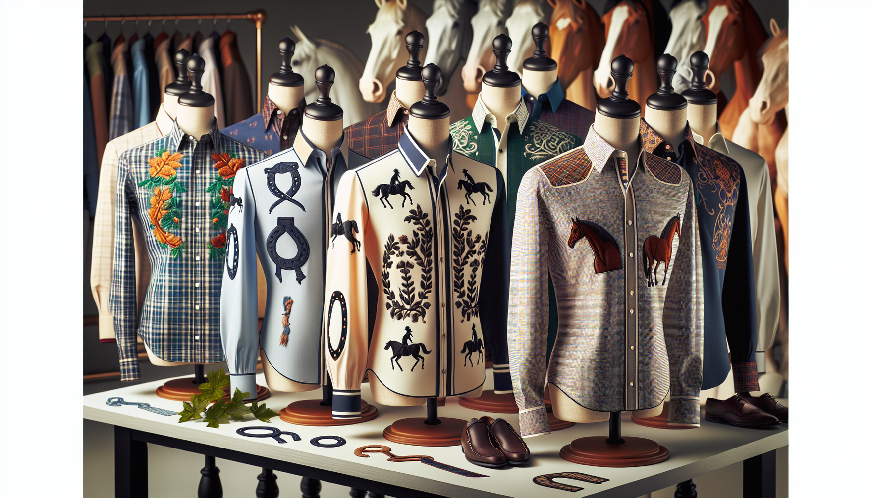 Picture an array of personalized bespoke equestrian shirts displayed on mannequins. The shirts are designed meticulously with an eye for every detail; from the integration of rich, high-quality fabric