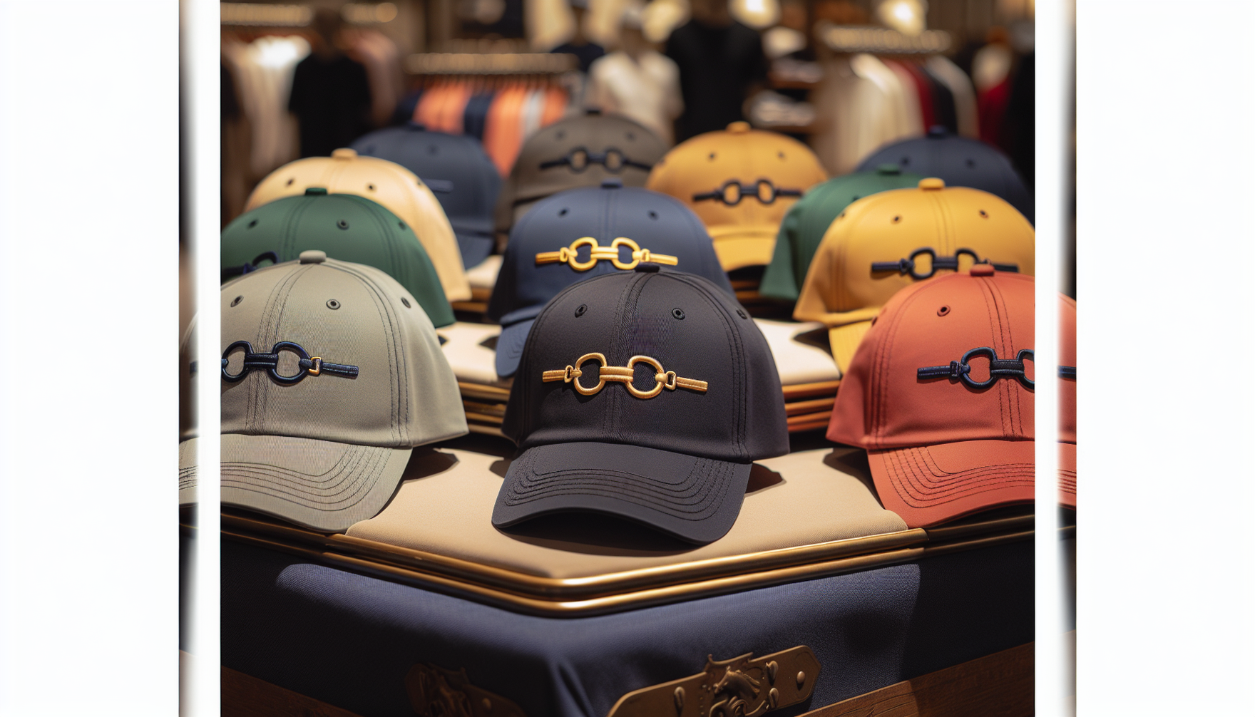 A collection of stylish baseball caps on a display stand. Each cap features an embroidered design of a snaffle bit, reflecting a charming equestrian flair. The caps come in a variety of colors, includ