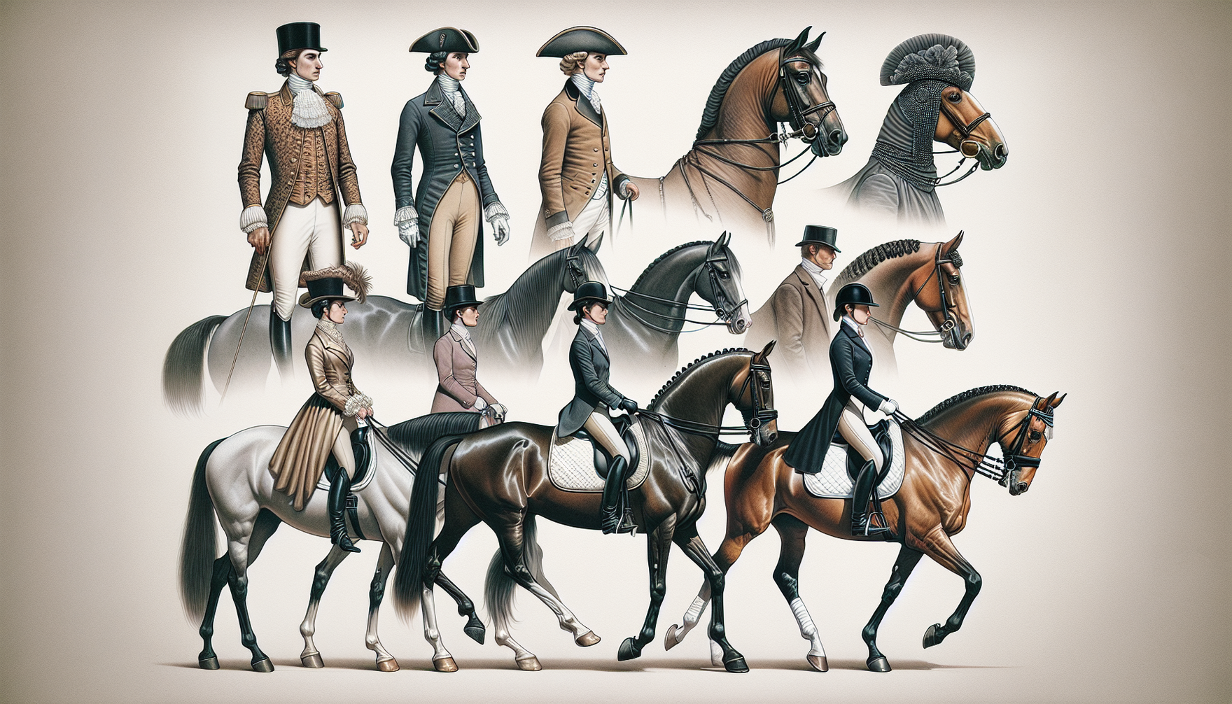 Visualize the evolution of equestrian style from the past to the present. On the left side of the artwork, show a rider outfitted in historical riding garments such as a high-collared coat, tall boots