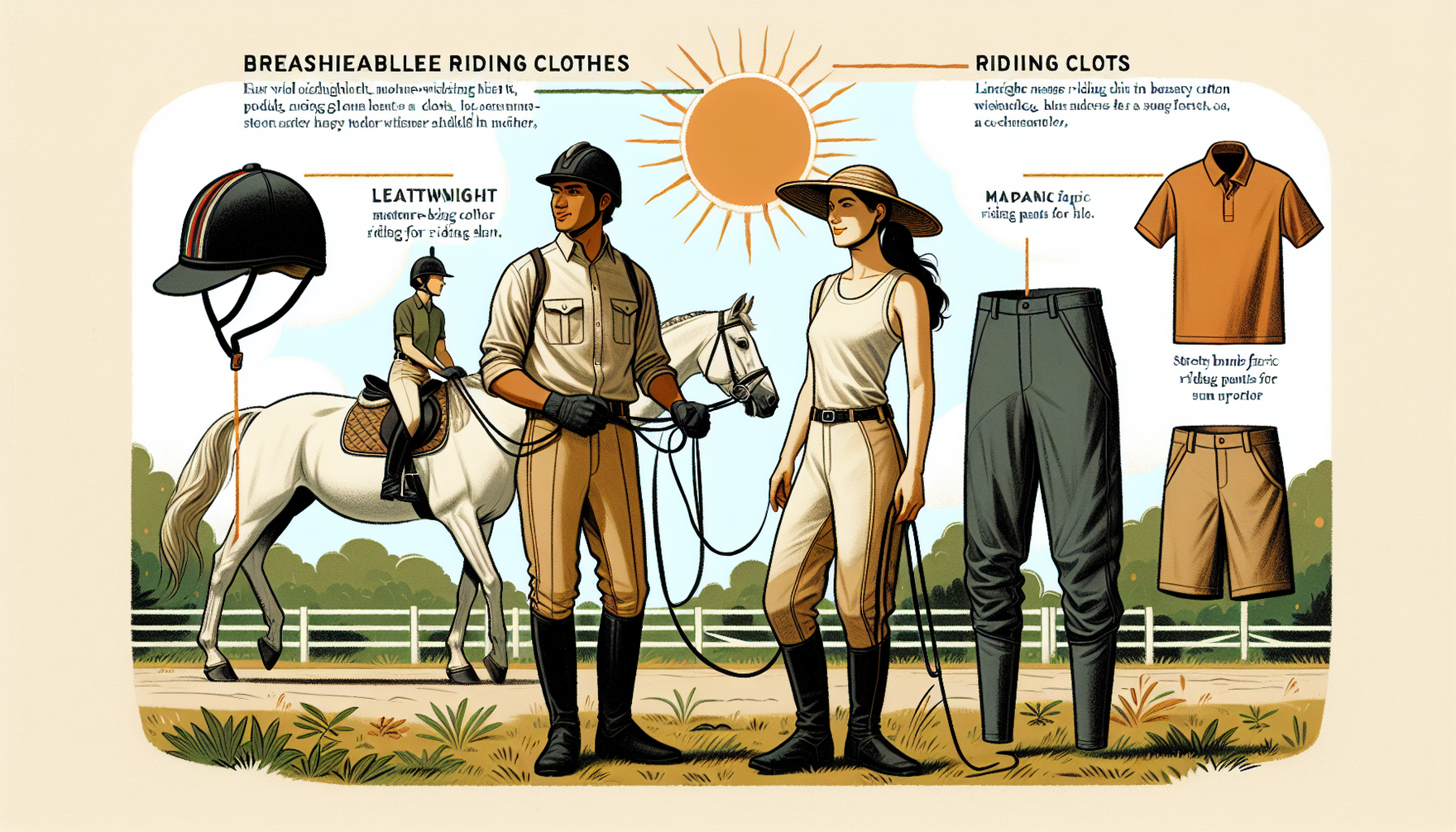 An informative scene illustrating breathable riding clothes for summer. Visualize a South Asian male rider fully geared in summer riding attire, including a lightweight, moisture-wicking shirt in ligh
