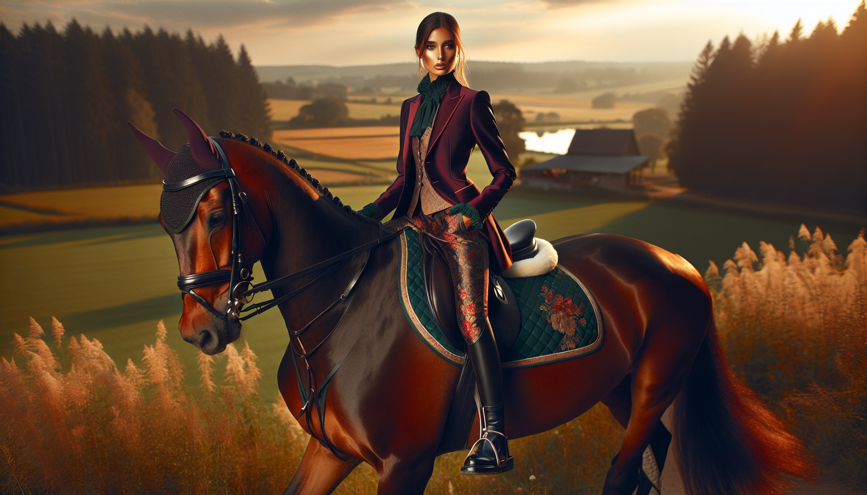 An engaging image showcasing bold equestrian fashion trends. The scene includes a stylish South Asian female rider, impeccably dressed in contemporary riding gear including a burgundy blazer, silk bro