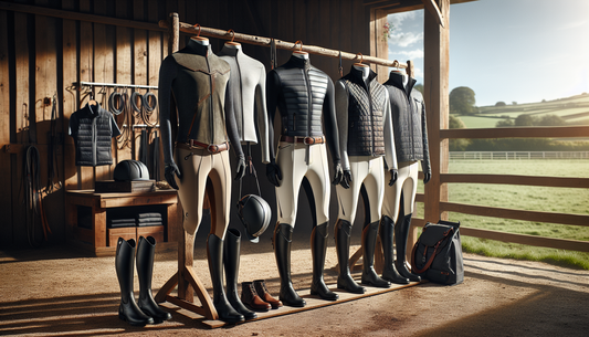 An image showcasing a variety of top-quality equestrian fitness apparel. These designs prioritize comfort and unrestricted movement, making them ideal for professional riders. The scene displays a sel