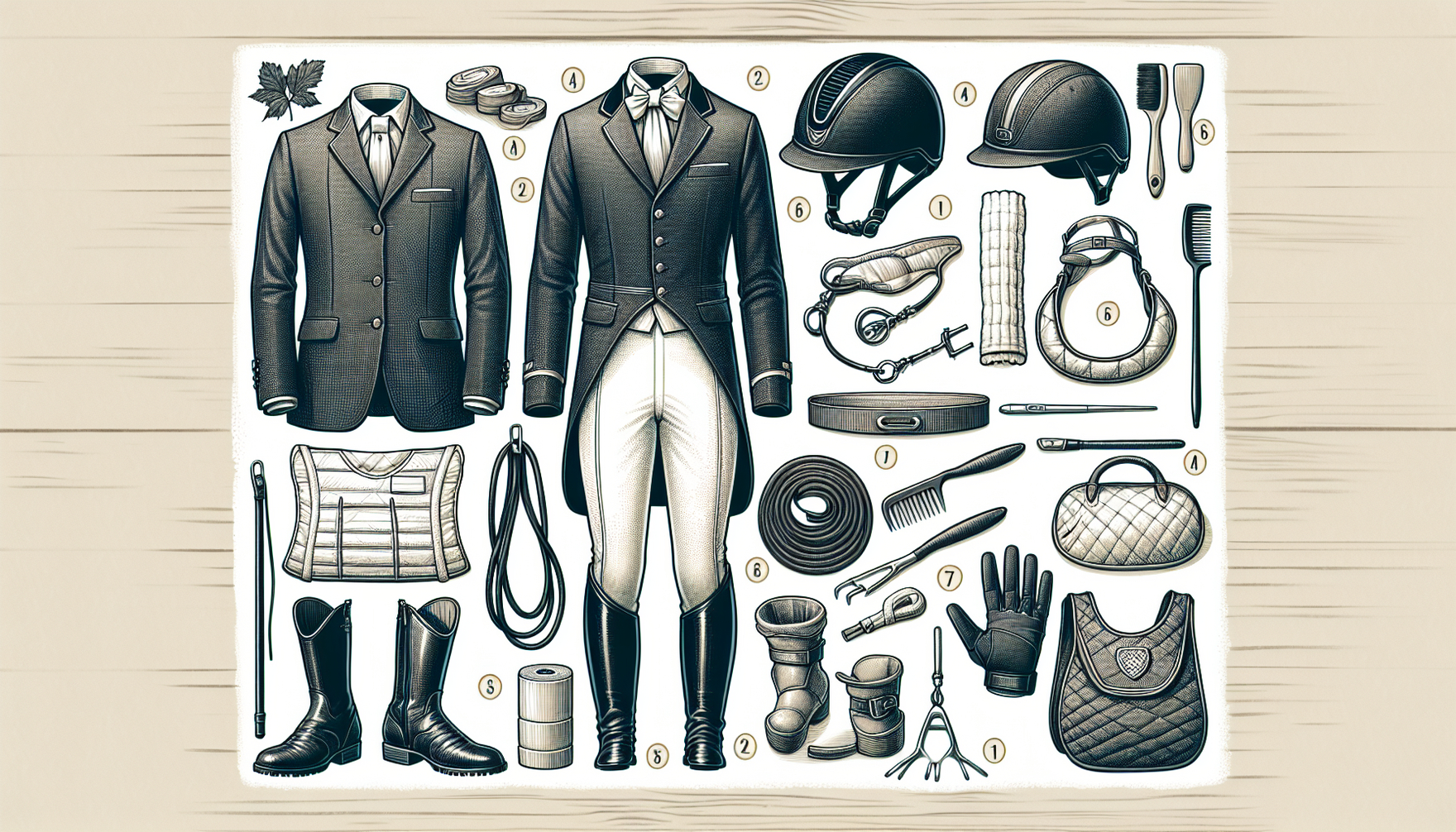 Detailed illustration of the essentials for an equestrian competition attire checklist. This includes a riding helmet for safety, a show jacket for professionalism, riding breeches for comfort and gri