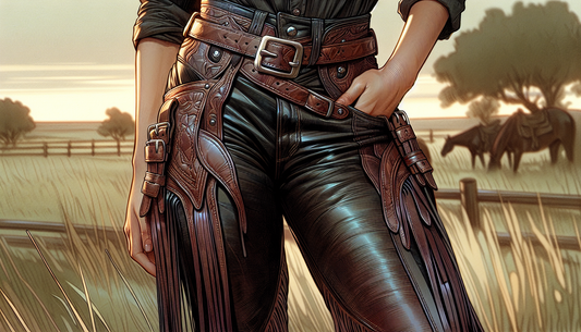 An illustration showcasing the elegance and utility of leather chaps, focusing on the fine craftsmanship. The leather should be dark, glossy and textured, highlighting its high-quality nature. The cha