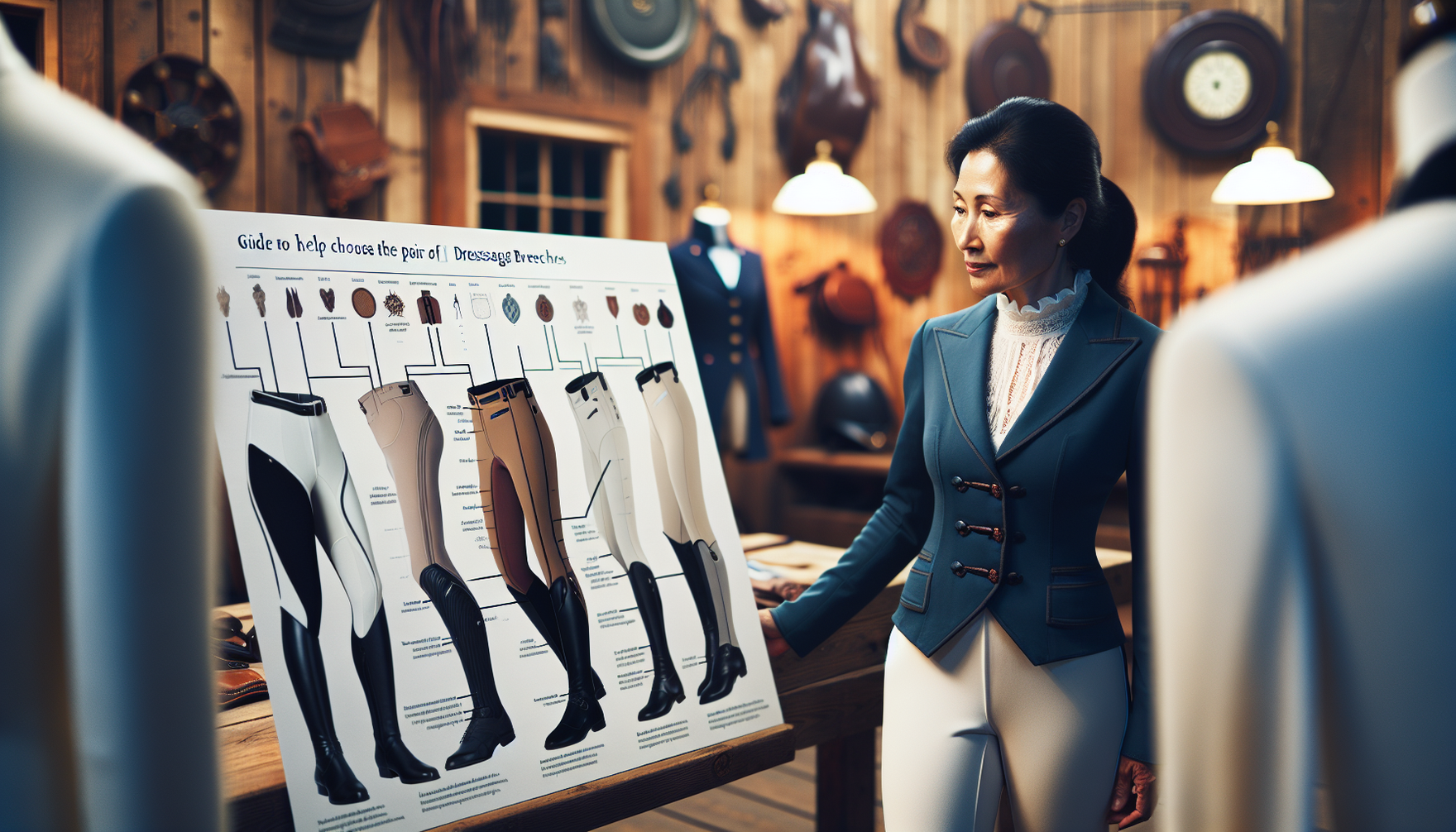 An image displaying a guide to help choose the perfect pair of dressage breeches. In the foreground, a detailed chart showcasing different types and styles of breeches frequently used in dressage with