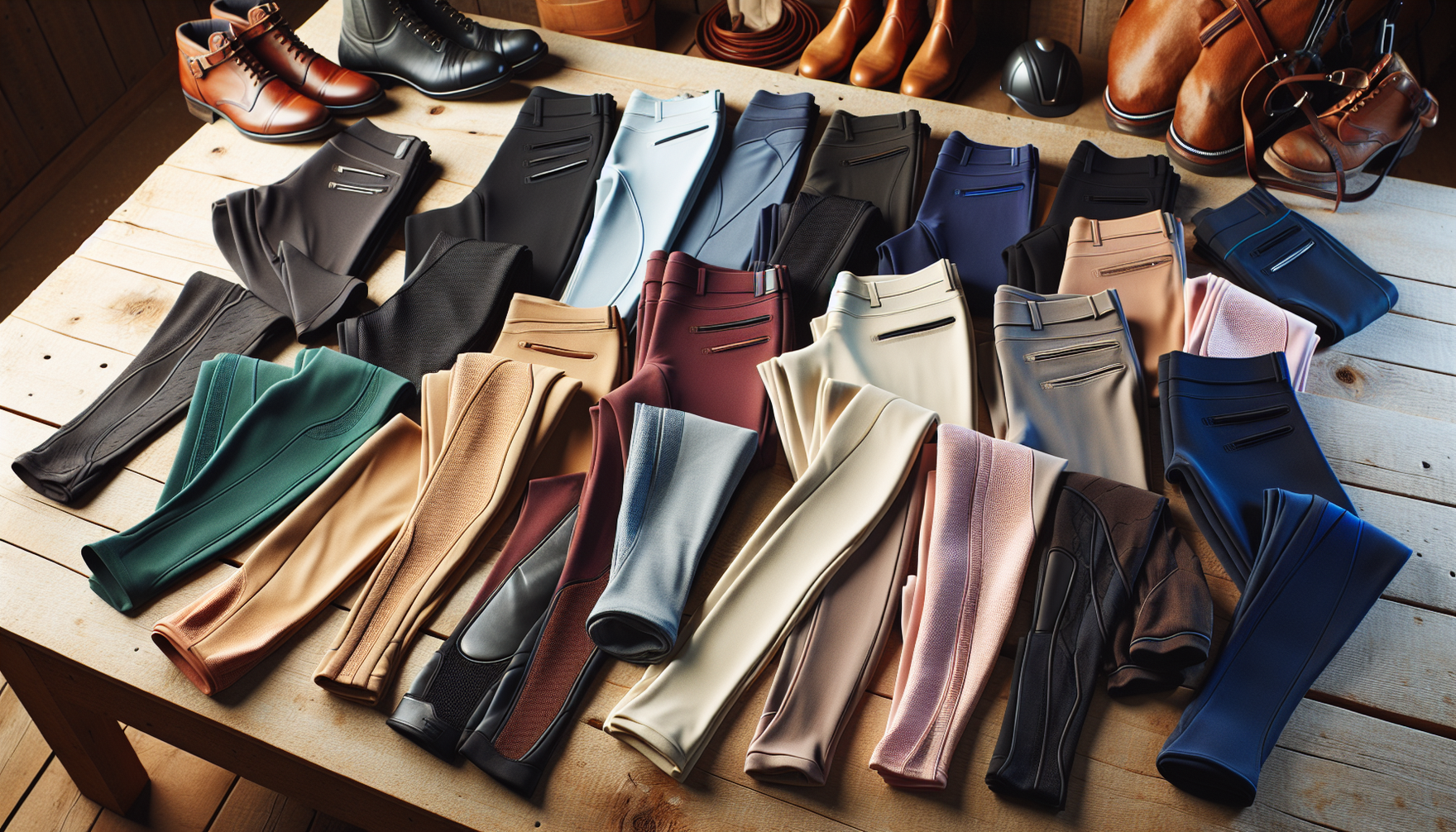 A flatlay of an array of different schooling tights for daily equestrian practice. The image shows several high-quality tights surfaced on a neutral wooden table. The range includes varying colors fro