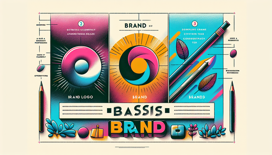 An illustrative image representing the basics of branding. It features three primary elements. The first is a brand logo, depicted as a unique graphical symbol, painted in vibrant, eye-catching hues. 