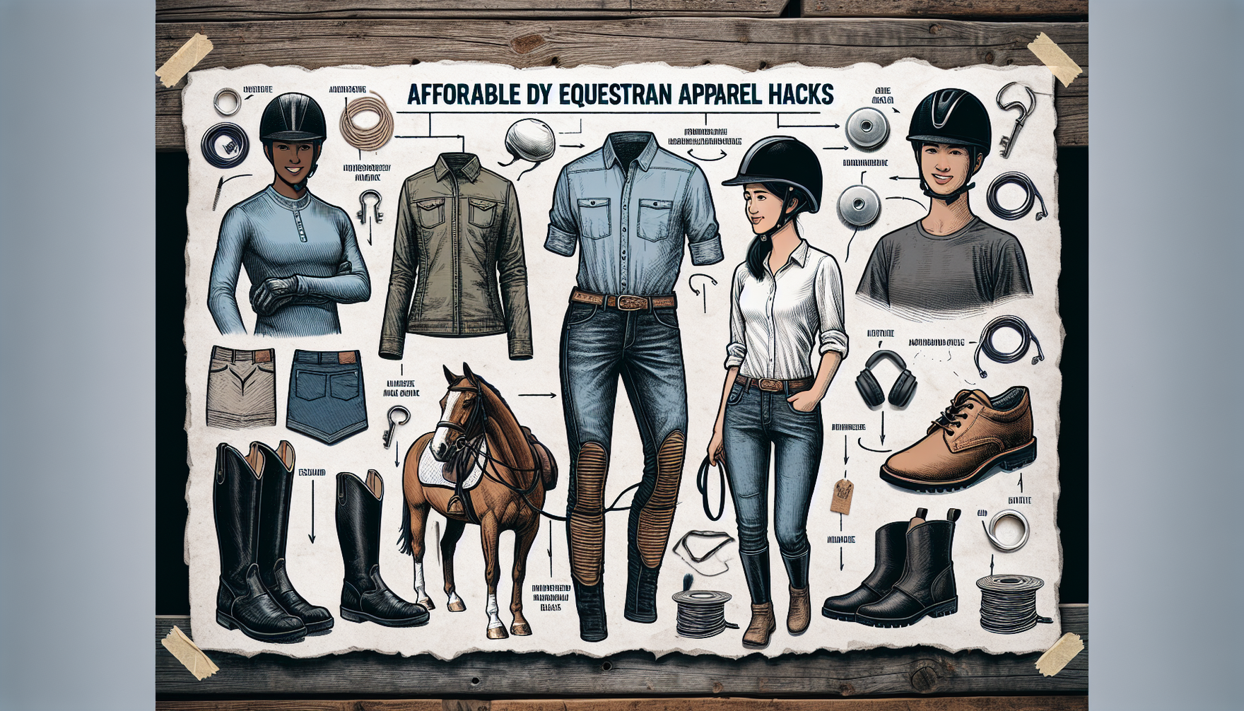 An image that guides on 'Affordable DIY Equestrian Apparel Hacks'. Show pieces of equestrian attire such as a pair of tough jeans, a button-down shirt, and a pair of sturdy boots. Add a helmet for saf