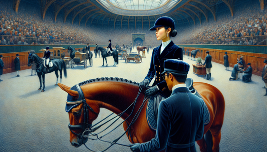 An intricate scene depicting the elegance of velvet riding caps in a show ring. An Asian female equestrienne, wearing a sleek black velvet riding cap, is preparing her chestnut horse for the upcoming 