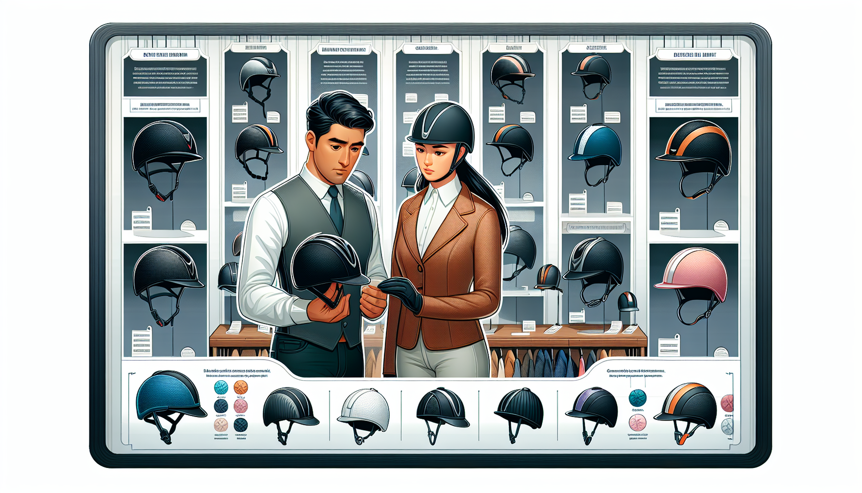 An informative illustration about choosing the perfect equestrian helmet. The image will show a variety of helmet styles that blend safety and fashion. It will include helmets designed for differing r