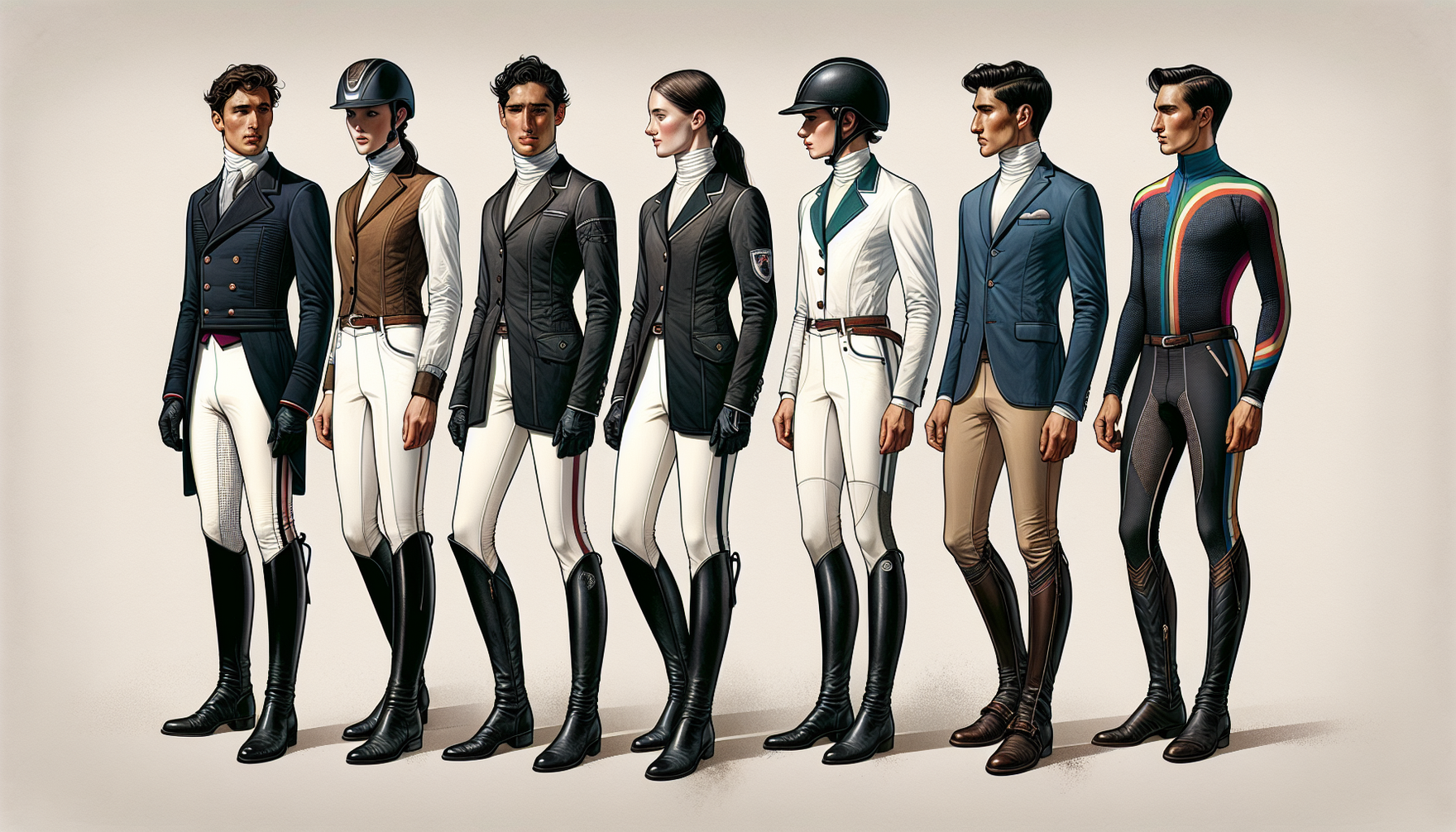 A depiction of the latest trends in competitive equestrian attire, showcasing a variety of styles and materials. On the left, we can visualize a male rider of Hispanic descent outfitted in a tradition