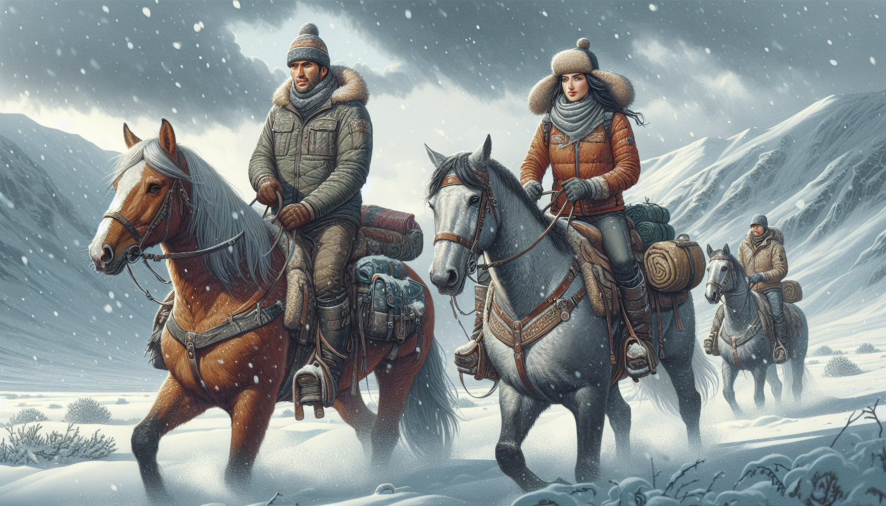 An image featuring a winter-themed landscape with snowflakes lightly falling from a grey, cloud-filled sky. A male rider of South-Asian descent, and a female rider of Caucasian descent are riding hors