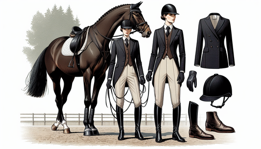 A well-detailed illustration showcasing the essential dressage attire for horse riders observing proper etiquette. The attire should feature a tailored jacket or coat, invariably in a dark color, a wh