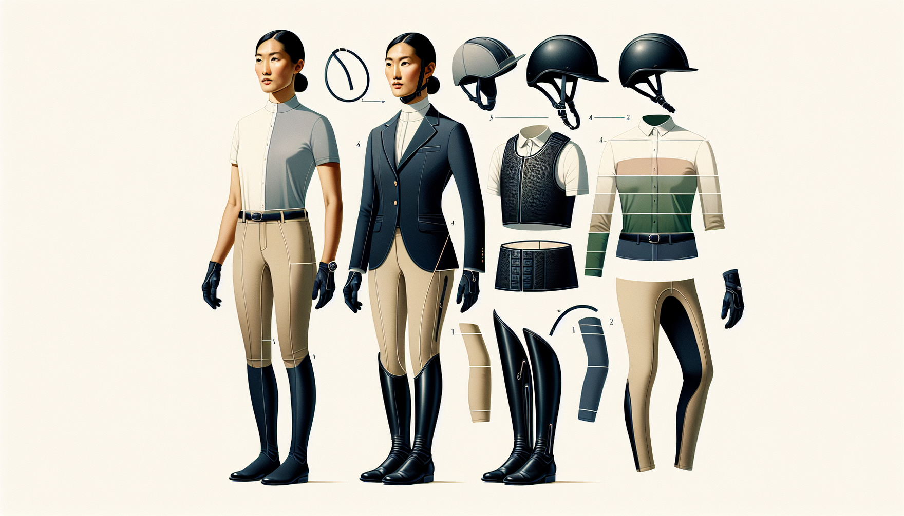 A detailed visual tutorial on equestrian wear layering for successful riders. The image starts with an athlete, an Asian woman, standing in her base layers - comfortable, flexible sportswear in neutra