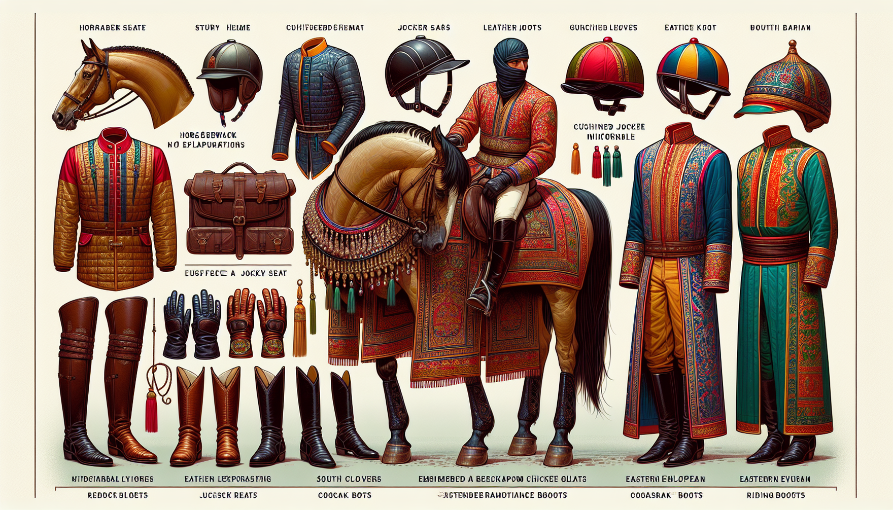 A detailed visualization of essential equestrian attire meant for global horseback explorations. This includes a sturdy helmet for safety, ensuring a cushioned jockey seat for comfort during long jour