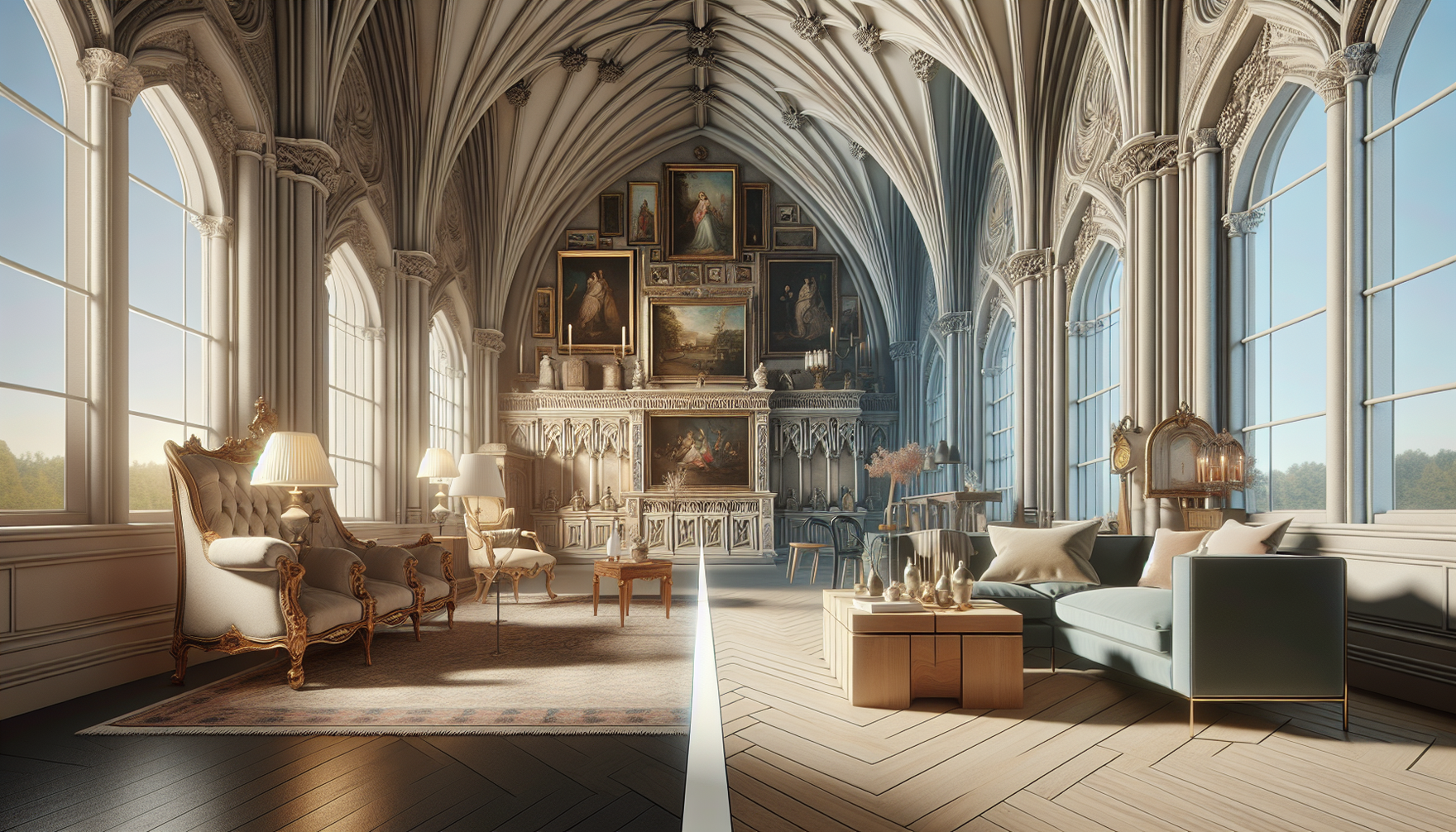 Visualize a scene that encapsulates 'Striking the Perfect Style Balance.' Imagine this to be a grand room in a historical building with Gothic architectural elements such as pointed arches, ribbed vau