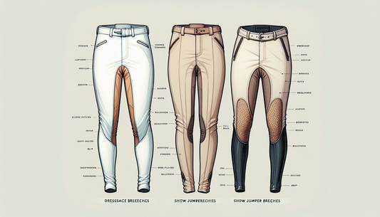Illustrate a detailed side-by-side comparison of two horse riding breeches: dressage breeches and show jumper breeches. Present these in a neutral background. The dressage breeches are conventionally 