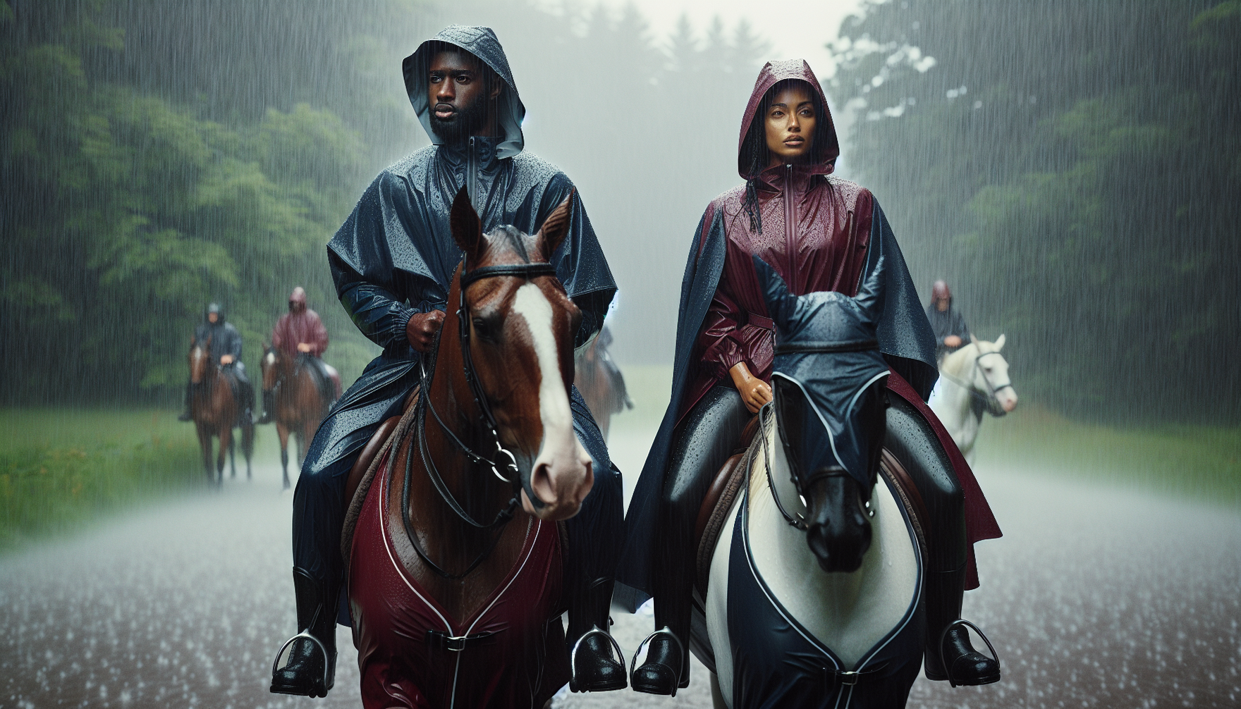 Visualize a scenario amid a heavy downpour where a multicultural pair of horse riders are well-equipped with waterproof outerwear suitable for all-weather riding. One is an African-American man, donne