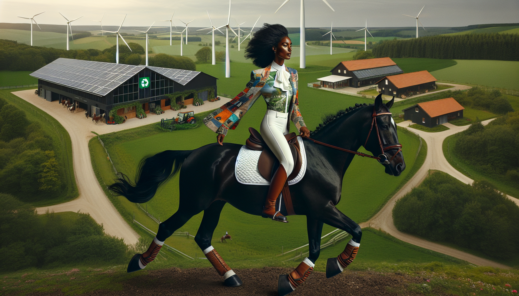 An image showing a shift towards sustainable equestrian fashion in a stylish way. A woman of Black descent, dressed in eco-friendly riding attire, is seen confidently galloping on a healthy horse thro
