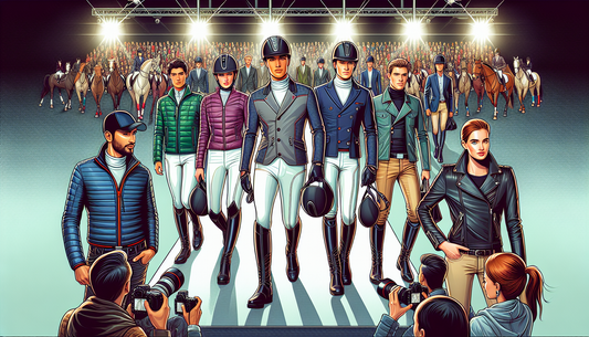 A captivating illustration exhibiting innovative trends in equestrian apparel. It includes the latest designs and materials used for riding jodhpurs, fitted jackets, safety helmets, and riding boots. 