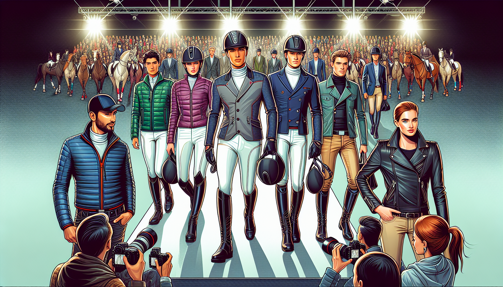 A captivating illustration exhibiting innovative trends in equestrian apparel. It includes the latest designs and materials used for riding jodhpurs, fitted jackets, safety helmets, and riding boots. 