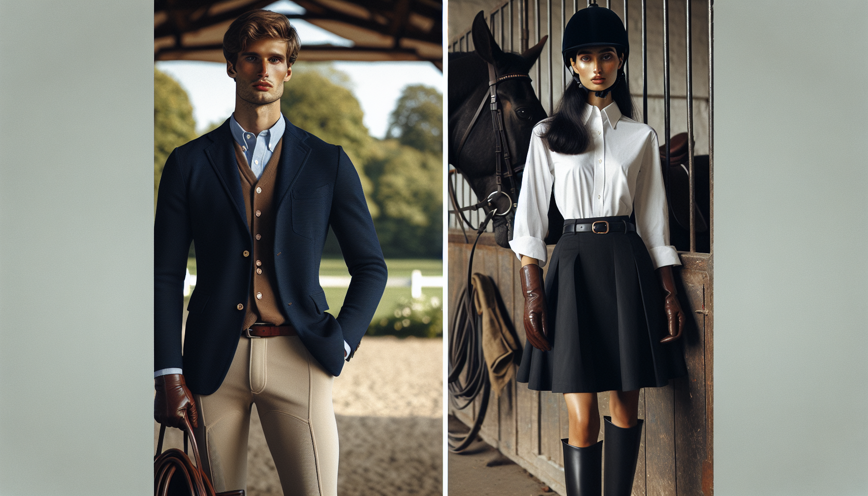 Generate an image showcasing the Equestrian Preppy Style. Imagine a Caucasian man wearing a nicely tailored navy blazer atop a classic button-down shirt paired with khaki pants. His feet are in brown 