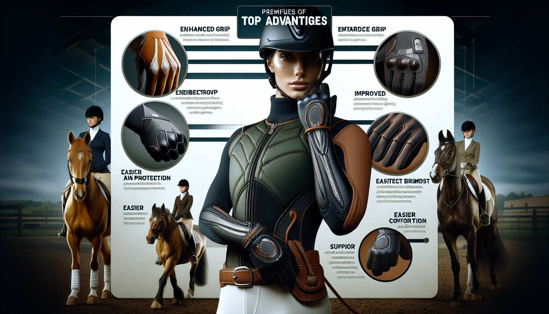 A visual representation displaying the top advantages of premium equestrian gloves. The image is divided into various sections, each highlighting a different advantage. These sections may include imag