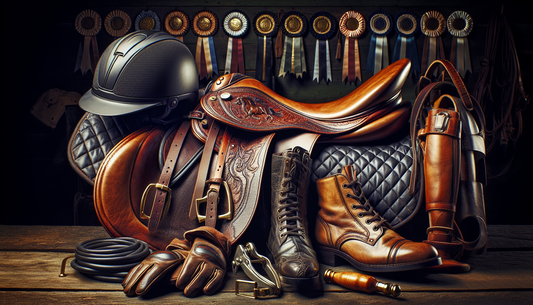 An array of essential equestrian accessories for every rider is laid out. This includes a leather saddle richly decorated with ornate stitching, a pair of sturdy stirrups polished to a shine, a comfor