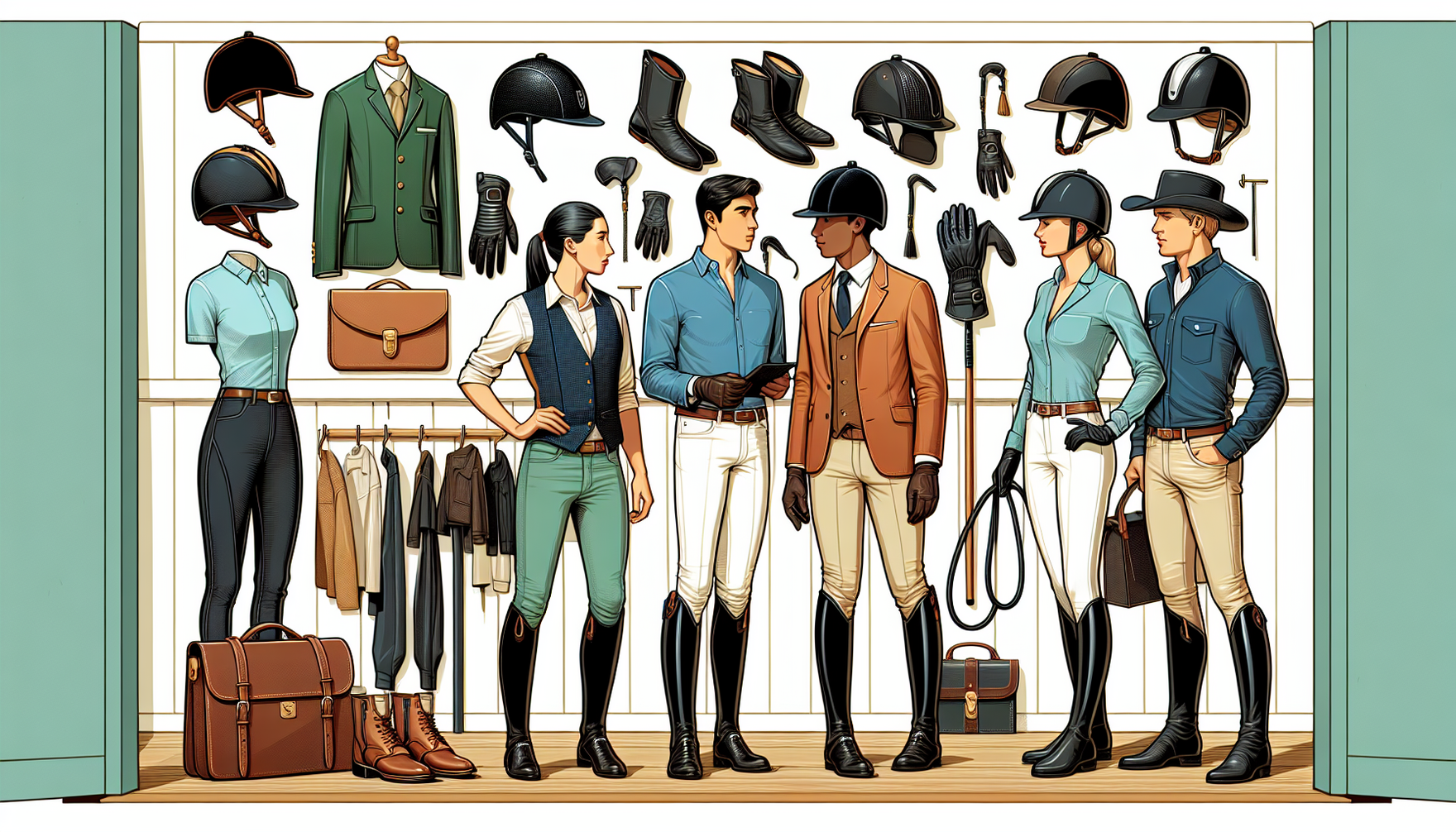A detailed depiction of essential equestrian apparel, including must-have items for every rider. The scene should include a display of riding helmet, breeches, boots, gloves, and a riding crop. Show a
