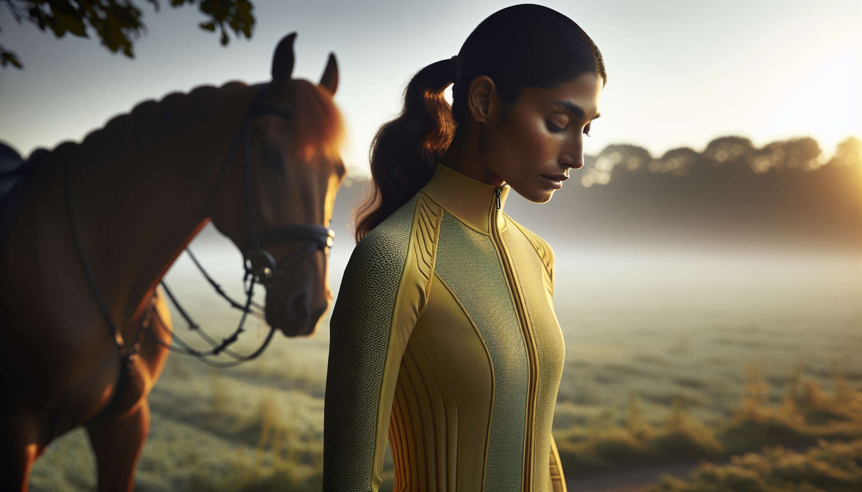 Imagine a tranquil setting at the break of dawn where a South Asian female equestrian can be seen preparing for her morning horse ride. She wears a lightweight, breathable equestrian jacket, designed 