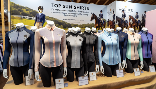 A display of top sun shirts specifically designed for equestrian activities. The shirts are showcased on mannequins to represent diversity in female body types. They are branded by Wonder Equestrian a