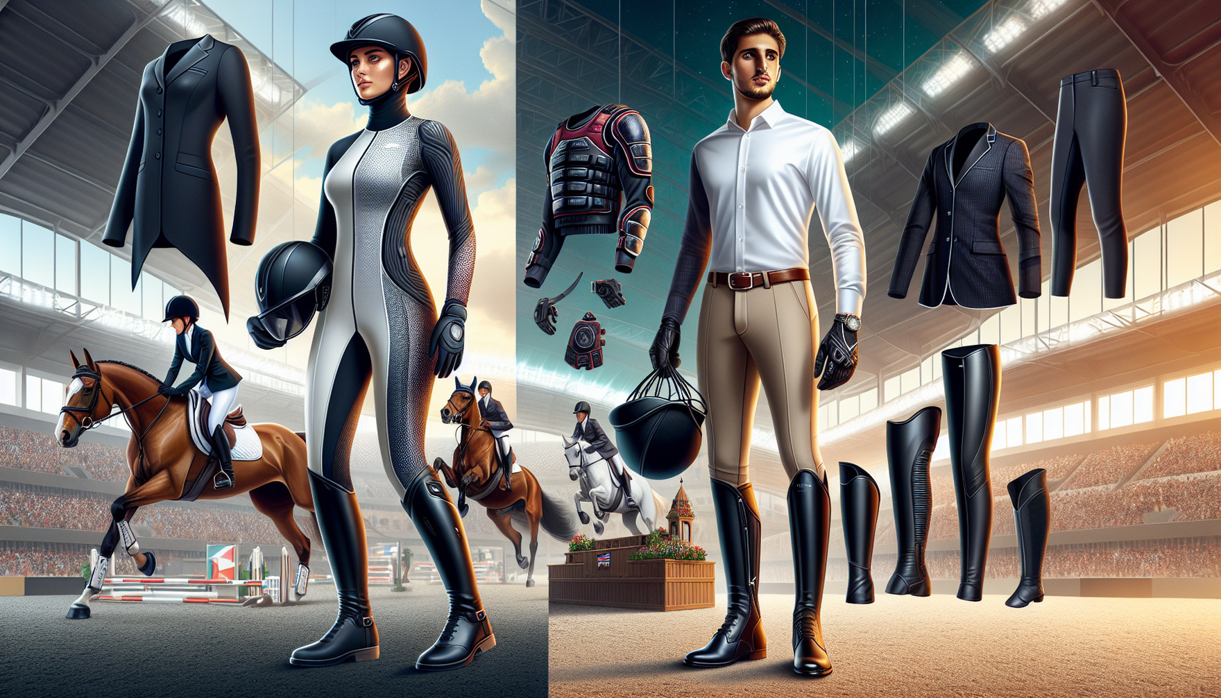 An image showcasing a variety of equestrian apparel that are designed to boost rider confidence. On one side, a Middle-Eastern female rider confidently geared up in professional riding boots, fitted b