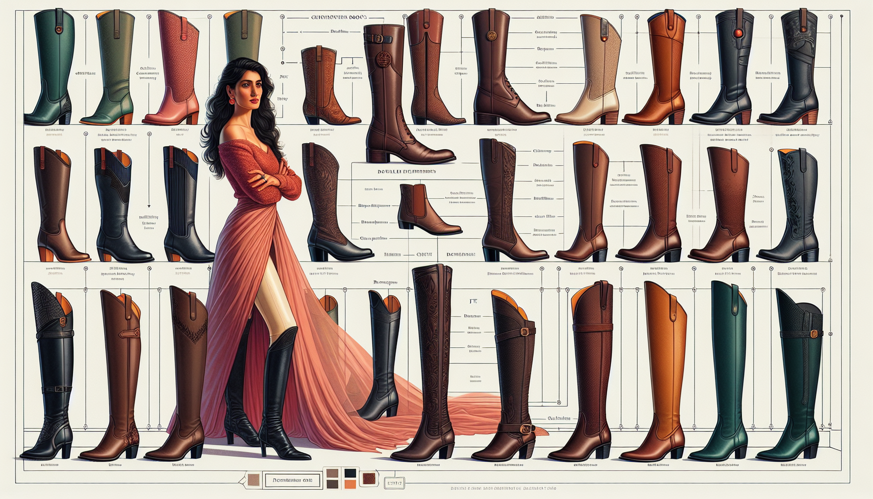 A detailed and beautifully illustrated visual guide for selecting the perfect riding boots. The image should show an array of riding boots of different styles, colors and materials, clearly arranged f