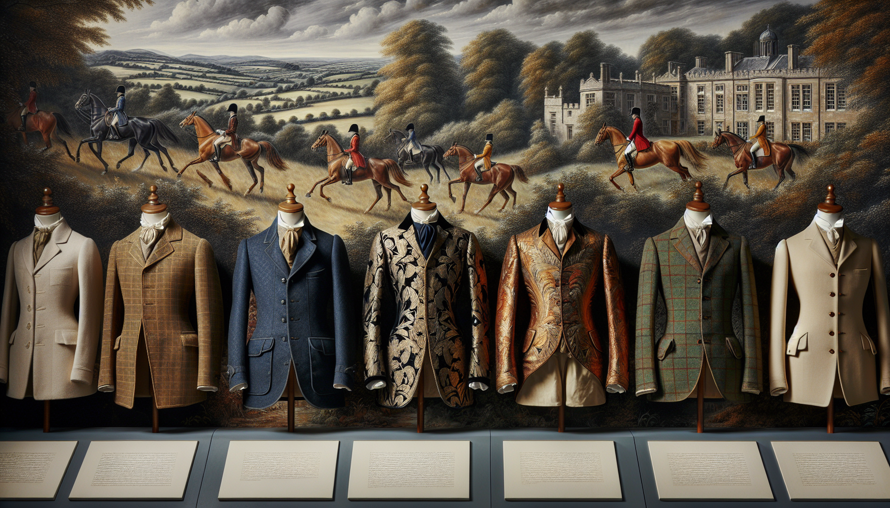 Imagine a historical overview of classic hunt coats demonstrating their timeless elegance. The collection starts with a basic design from the early 18th century with a thick woolen fabric, moving on t